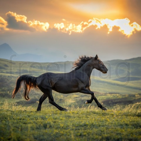 Caballo negro corriendo, fotografía de vida silvestre