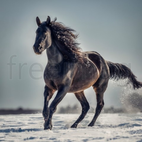 Caballo negro corriendo en la nieve en invierno