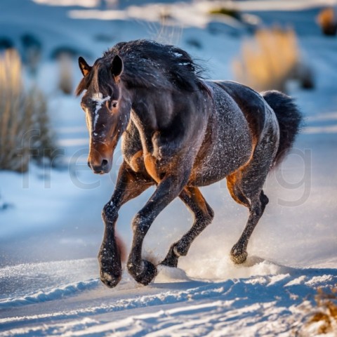 Caballo negro corriendo en la nieve en invierno