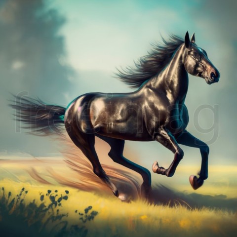 Caballo negro corriendo, render 3D