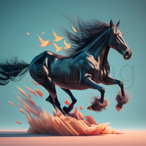 Caballo negro corriendo, render 3D