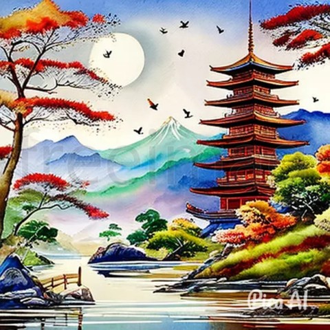 Paisaje oriental Tinta Acuarela Asiática