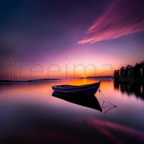 Barco sobre un lago en puesta de sol