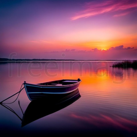 Barco sobre un lago en puesta de sol