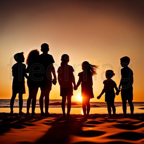 Siluetas de niños feliz en la playa al atardecer niños feliz saltando juntos en la playa