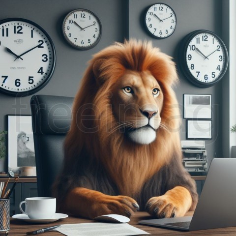 León, sentado en un escritorio con una computadora portátil, con un gran reloj en la pared, foto realista