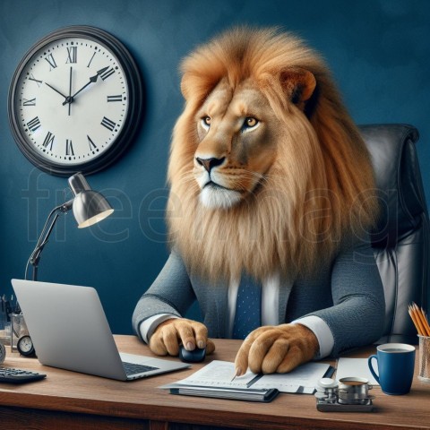 León, sentado en un escritorio con una computadora portátil, con un gran reloj en la pared, foto realista