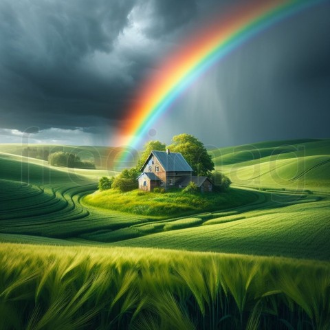 Campo verde, pequeña casa de madera y arco iris perfecto y brillante desciende hasta el suelo