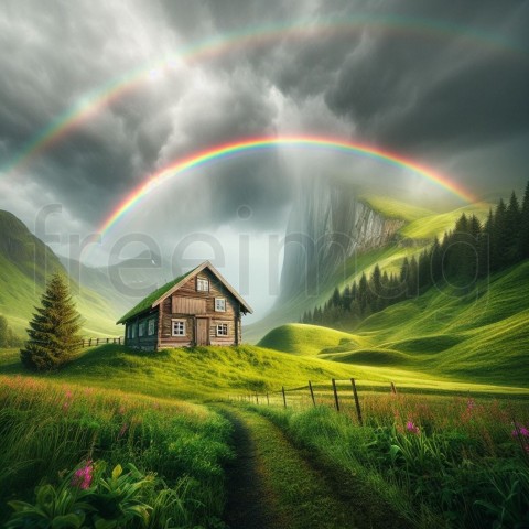 Campo verde, pequeña casa de madera y arco iris perfecto y brillante desciende hasta el suelo