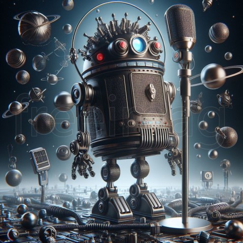 Un robot de micrófono antiguo, arte digital