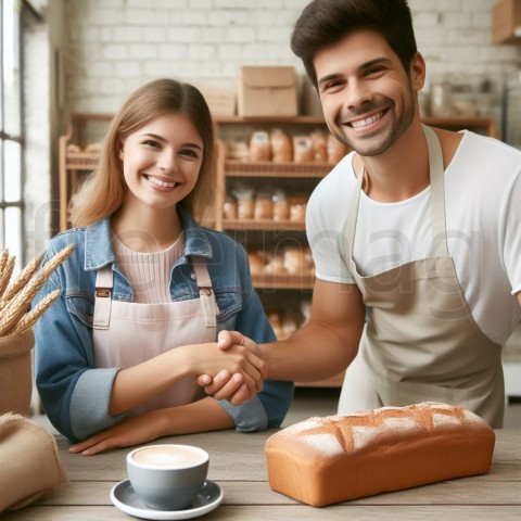 Foto real, anuncio de marketing, panadería, ayudar a un cliente, sonrisa