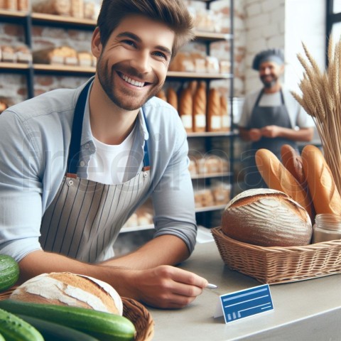 Foto real, anuncio de marketing, panadería, ayudar a un cliente, sonrisa