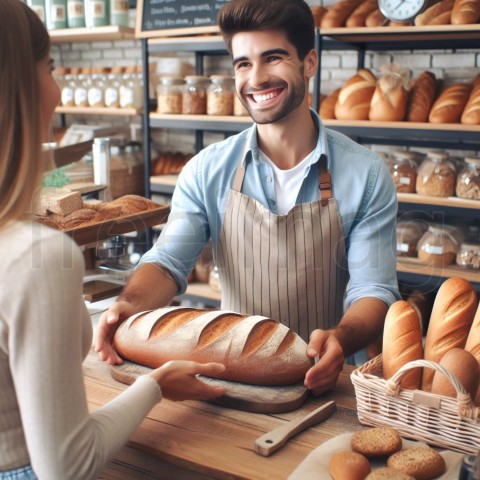 Foto real, anuncio de marketing, panadería, ayudar a un cliente, sonrisa