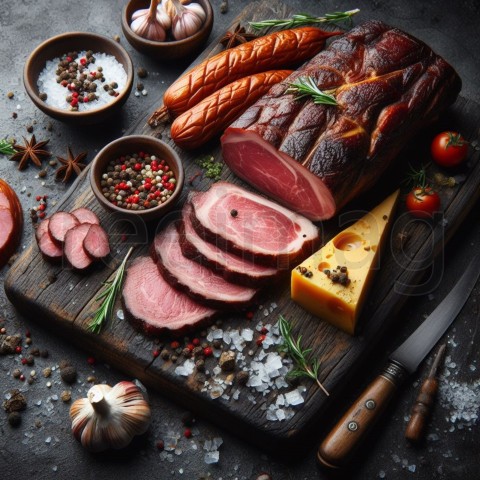 Carne ahumada y queso sobre una mesa de hormigón gris oscuro (3)