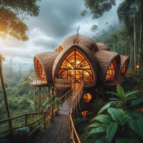 Cabaña cápsula en la selva tropical inspirada en pajas en medio de la selva tropical