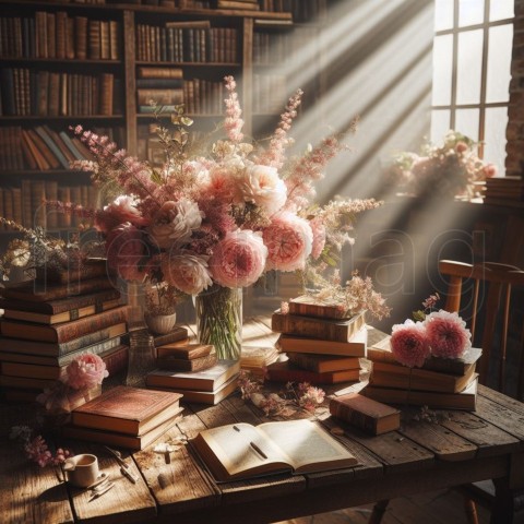 Imagen de libros, flores rosas y blancas que cubren un escritorio rústico con rayos de sol en biblioteca