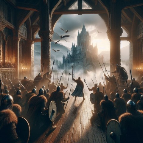 Imagen que  representa vívidamente la escena detallada de los guerreros vikingos dentro de un castillo