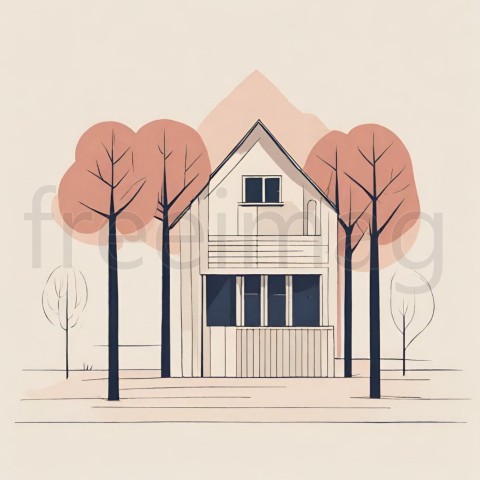 Ilustración minimalista de una casa y árboles