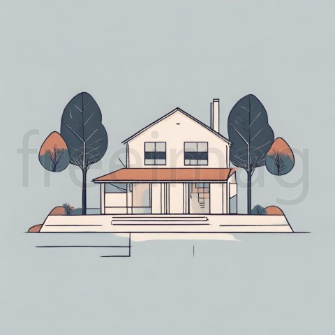 Ilustración minimalista de una casa y árboles