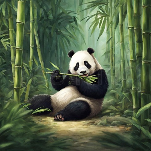 Un panda comiendo bambú en un bosque tropical