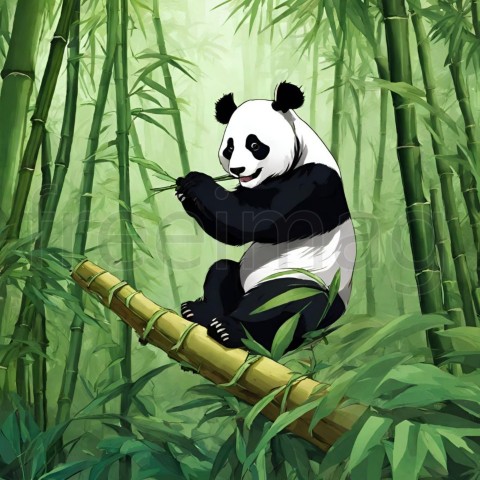 Un panda comiendo bambú en un bosque tropical