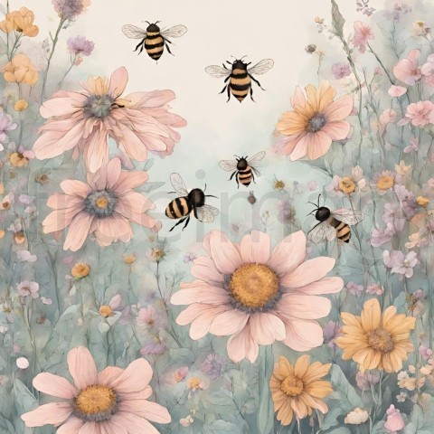 Un jardín mágico con abejas y flores en tonos pastel