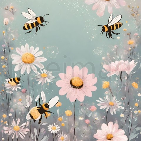 Un jardín mágico con abejas y flores en tonos pastel