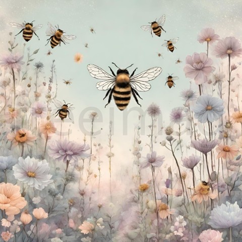 Un jardín mágico con abejas y flores en tonos pastel