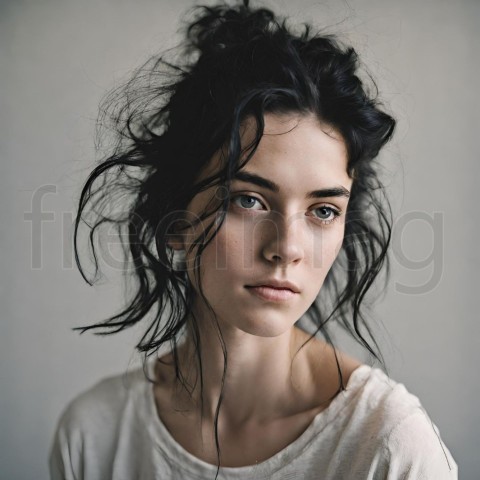 Retrato de una chica sin maquillaje y con pelo negro alborotado