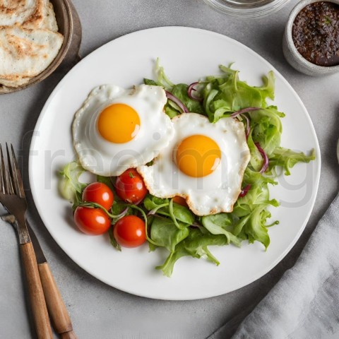 Huevos fritos en un plato con ensalada