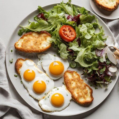 Huevos fritos en un plato con ensalada