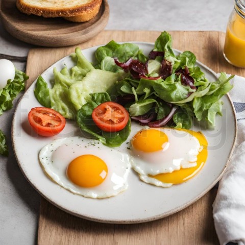 Huevos fritos en un plato con ensalada