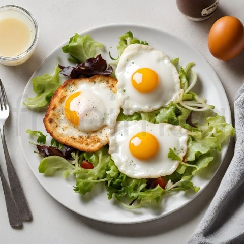 Huevos fritos en un plato con ensalada