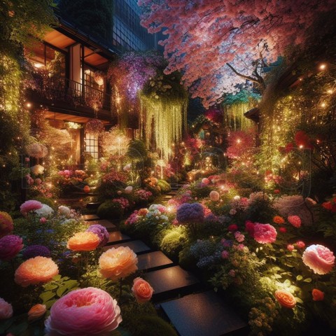 Imagen de un jardín secreto que florece y brilla por la noche