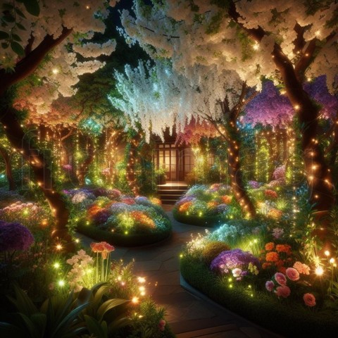 Imagen de un jardín secreto que florece y brilla por la noche