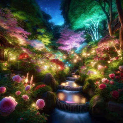 Imagen de un jardín secreto que florece y brilla por la noche