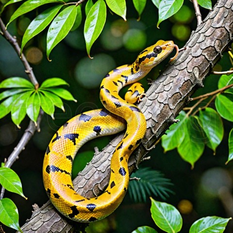 Pitón verde (jóvenes amarillo fase) caza de árbol tropical