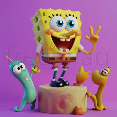 Patricio y bob esponja, IA Arte Impresión 3D vibrante