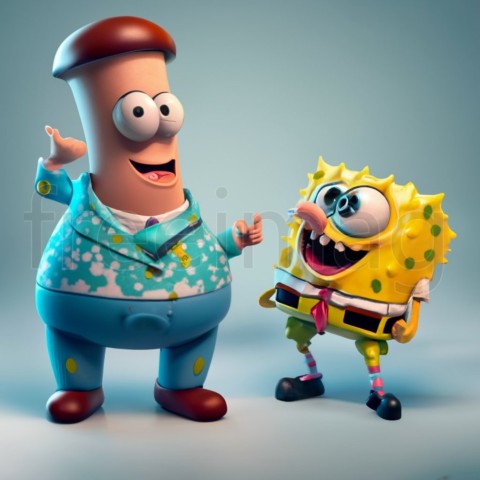 Patricio y bob esponja, IA Arte Impresión 3D vibrante