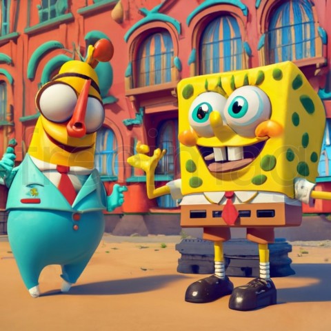 Patricio y bob esponja, IA Arte Impresión 3D vibrante