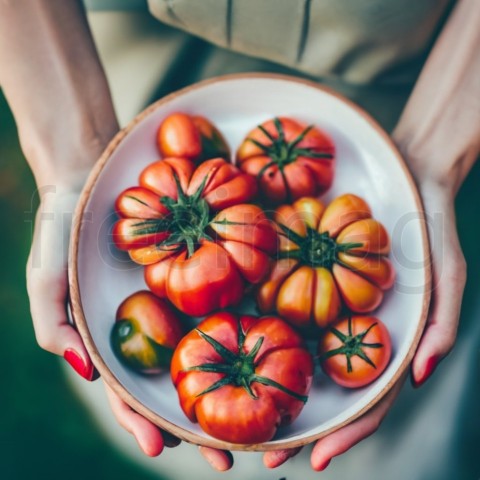 Vista superior de manos femeninas sosteniendo un plato de tomates rojos