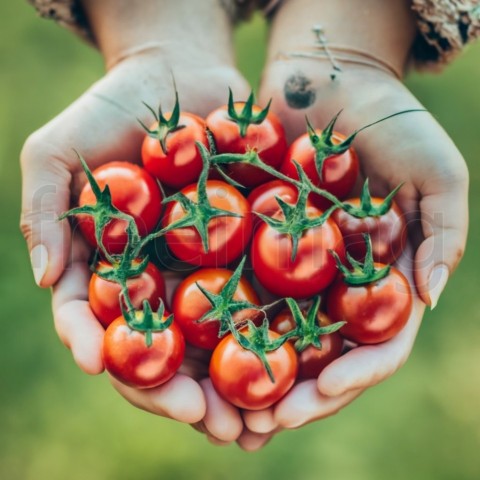 Vista superior de manos femeninas sosteniendo un plato de tomates rojos