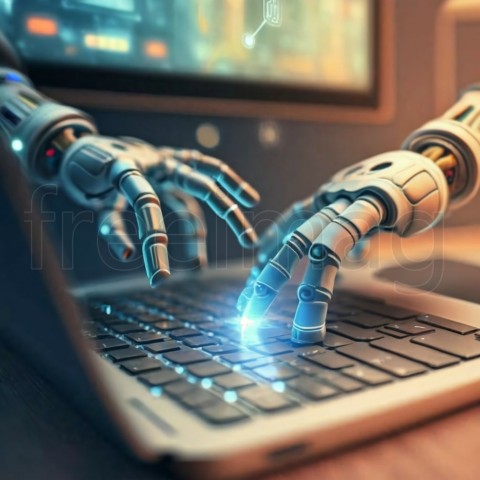 Las manos del robot apuntan al concepto de inteligencia artificial robótica del chatbot del asesor del botón del portátil