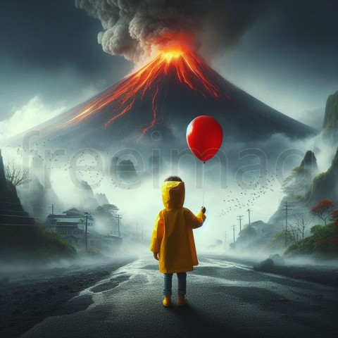 Un niño con un impermeable amarillo sosteniendo un globo rojo, parado frente a un volcán humeante, arte digital