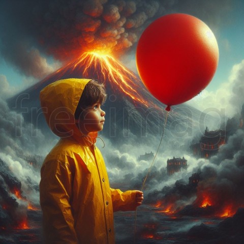 Un niño con un impermeable amarillo sosteniendo un globo rojo, parado frente a un volcán humeante, arte digital