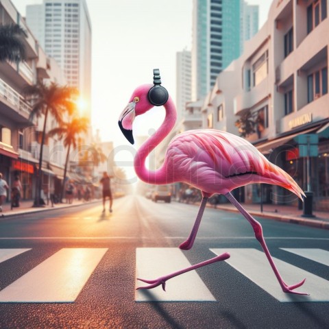 Imagen de un flamenco corriendo por las calles mientras escucha música