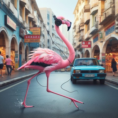 Imagen de un flamenco corriendo por las calles mientras escucha música