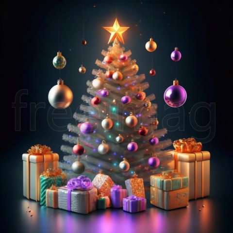 Árbol de Navidad en movimiento, brillante, con estrella, esferas, reflejo, colorido, regalos, luces, resplandor