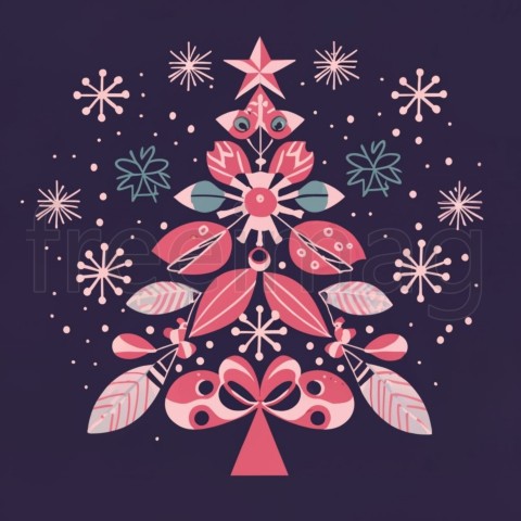 Ilustración Un árbol de Navidad rosa con flores, adornos morados y copos de nieve