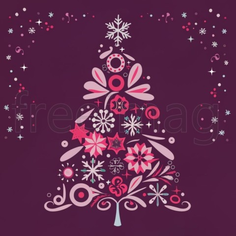 Ilustración Un árbol de Navidad rosa con flores, adornos morados y copos de nieve